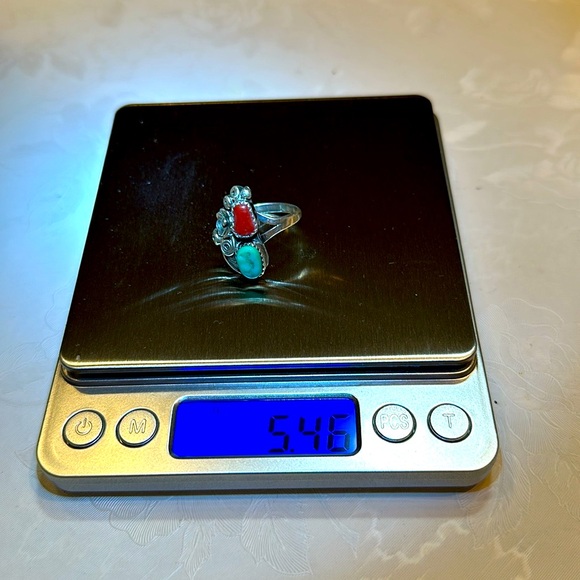 Vintage Native American Artist Signed R 925 Sterling Silver Coral Turquoise Ring - Picture 9 of 13